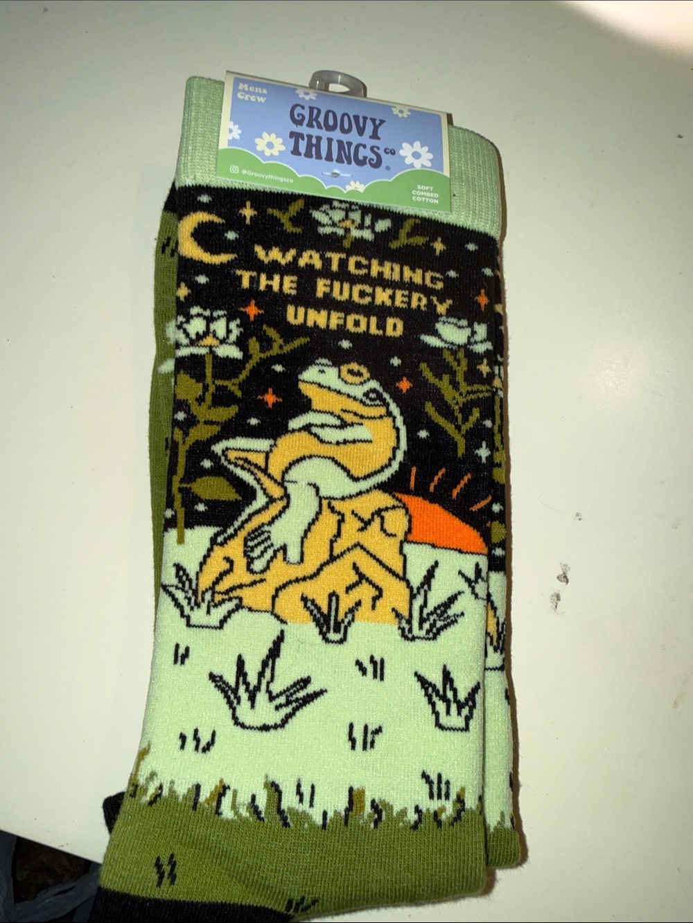 Novelty Frog Crew Socks in Mint Green and Olive - Graphic Hosiery